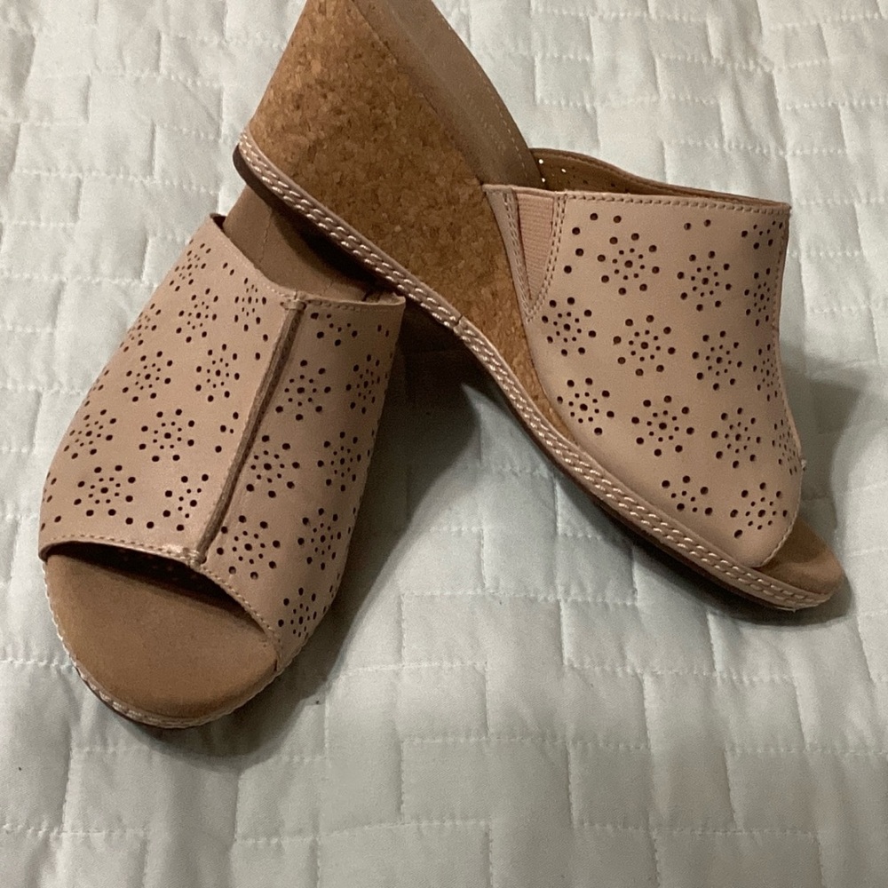 Clarks Beige Perforated Wedge Sandals